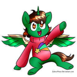 Size: 893x895 | Tagged: safe, artist:zahra-pines, oc, oc:frost d. tart, alicorn, pony, alicorn oc, clothes, cosplay, costume, gravity falls, mabel pines, solo, sweater, waving