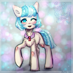 Size: 2000x2000 | Tagged: safe, artist:zefirka, derpibooru import, coco pommel, earth pony, pony, female, mare, one eye closed, smiling, solo