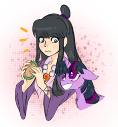 Size: 568x609 | Tagged: source needed, safe, artist:zigragirl, twilight sparkle, twilight sparkle (alicorn), alicorn, human, pony, ace attorney, big grin, burger, digital art, female, floppy ears, food, grin, heart eyes, mare, maya fey, smiling, twilight burgkle, wingding eyes