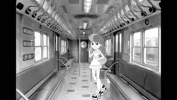 Size: 1334x750 | Tagged: safe, edit, editor:topsangtheman, bon bon, sweetie drops, equestria girls, black and white, equestria girls in real life, grayscale, irl, looking at you, monochrome, new york city, new york city subway, photo, photoshop, train