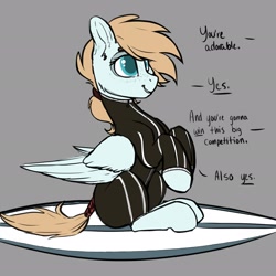 Size: 2048x2048 | Tagged: safe, artist:cold blight, oc, oc only, oc:cold blight, pegasus, pony, cute, dialogue, female, freckles, gray background, mare, simple background, sitting, surfboard, tail wrap, text, wetsuit