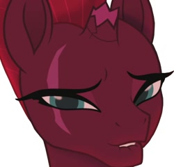 Size: 646x620 | Tagged: safe, screencap, tempest shadow, pony, unicorn, my little pony: the movie, broken horn, bust, clothes, cropped, eye scar, horn, lip bite, scar, simple background, white background