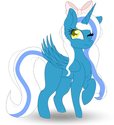 Size: 2696x2970 | Tagged: safe, artist:tomboygirl45, oc, oc only, oc:fleurbelle, alicorn, pony, alicorn oc, bow, female, hair bow, mare, one eye closed, simple background, solo, transparent background, wink