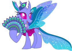 Size: 3632x2612 | Tagged: safe, artist:shadymeadow, derpibooru import, oc, oc only, oc:swarmdra, changedling, changeling, female, hand fan, peacock feathers, simple background, solo, transparent background