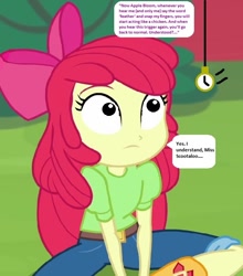 Size: 592x672 | Tagged: safe, edit, edited screencap, editor:thomasfan45, screencap, apple bloom, better together, equestria girls, holidays unwrapped, 1000 hours in ms paint, adorabloom, apple bloom's bow, belt, boots, bow, clothes, cropped, cute, description is relevant, grass, hair bow, hypno eyes, hypnosis, hypnotized, implied hypno-chicken, implied scootaloo, jeans, looking up, mind control, offscreen character, outdoors, pants, pendulum swing, pocket watch, post-hypnotic trigger, request, shirt, shoes, sitting, solo, story included, sweet apple acres, the cider louse fools, trance