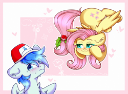 Size: 3000x2200 | Tagged: safe, artist:etoz, fluttershy, oc, oc:sports news, pegasus, pony, blushing, canon x oc, commission, cute, female, hat, holly, holly mistaken for mistletoe, male, mare, nervous sweat, pegasus oc, shipping, stallion, straight, sweat, wingding eyes, ych result