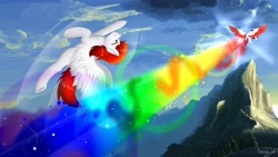 Size: 4800x2700 | Tagged: safe, artist:icedragon, oc, oc only, oc:daren, alicorn, pegasus, pony, absurd resolution, alicorn oc, cloud, female, fight, flying, male, mare, mountain, pegasus oc, rainbow, rainbow magic blast, sky, stallion, tree