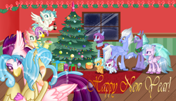 Size: 6776x3904 | Tagged: safe, artist:keeka-snake, derpibooru import, ocean flow, princess skystar, queen novo, sea poppy, seaspray, silverstream, sky beak, terramar, classical hippogriff, hippogriff, my little pony: the movie, aunt and nephew, aunt and niece, brother and sister, christmas, christmas tree, coca-cola, cousin, cousins, father and child, father and daughter, father and son, female, haven bay, holiday, husband and wife, jewelry, male, missing accessory, mother and child, mother and daughter, mother and son, necklace, parent and child, present, salina blue, siblings, sisters, snow, tree, uncle and niece, window