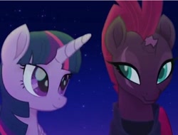 Size: 641x486 | Tagged: safe, screencap, tempest shadow, twilight sparkle, twilight sparkle (alicorn), alicorn, pony, unicorn, my little pony: the movie, broken horn, cropped, cute, facial scar, horn, scar, smiling, stars, tempestbetes, tempestsass, twiabetes, twisass sparkle