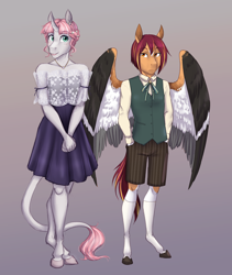 Size: 2780x3300 | Tagged: safe, artist:askbubblelee, oc, oc only, oc:rosie quartz, oc:sunstreak, anthro, pegasus, unguligrade anthro, unicorn, anthro oc, clothes, colt, cousins, digital art, dress, female, filly, male, smiling