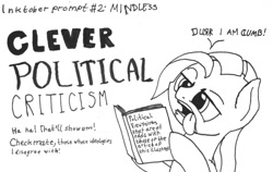 Size: 1280x807 | Tagged: safe, artist:ewoudcponies, pony, book, derp, ink drawing, inktober, inktober 2019, monochrome, parody, political cartoon, self deprecation, solo, strawman, tongue out, traditional art