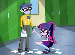 Size: 3060x2224 | Tagged: safe, artist:vinilyart, microchips, sci-twi, twilight sparkle, equestria girls, blushing, female, holding hands, lidded eyes, looking up, male, microlight, shipping, spanish description, straight