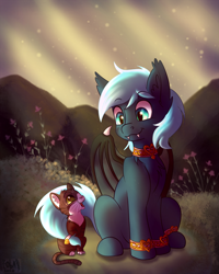 Size: 864x1080 | Tagged: safe, artist:zobaloba, oc, oc:guttatus, bat pony, cat, pony, cute, digital art, flower, forest, friendship, fullbody, grass, pet, rock, ych example, ych result, your character here