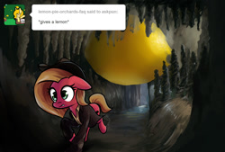 Size: 1180x800 | Tagged: safe, artist:shovrike, oc, oc:pun, earth pony, pony, ask, ask pun, clothes, female, food, hat, lemon, mare, raiders of the lost ark, running, solo