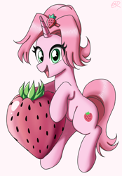 Size: 800x1150 | Tagged: safe, artist:tastyrainbow, derpibooru import, food pony, pony, unicorn, big eyes, cute, food, ponified, solo, strawberry