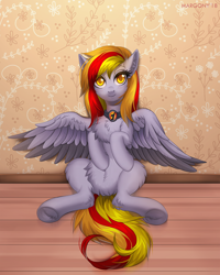 Size: 900x1125 | Tagged: safe, artist:margony, derpibooru import, oc, oc only, pegasus, pony, chest fluff, commission, digital art, ear fluff, female, leg fluff, looking at you, mare, room, signature, sitting, smiling, solo, spread wings, wings