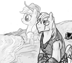 Size: 800x700 | Tagged: safe, artist:wisdom-thumbs, derpibooru import, applejack, big macintosh, earth pony, pony, beard, clothes, colored hooves, cowboy hat, cutie mark, facial hair, grayscale, hat, hooves, male, monochrome, scar, simple background, stallion, water, white background