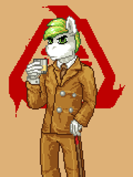 Size: 480x640 | Tagged: safe, artist:liniques, derpibooru import, oc, oc only, oc:white night, anthro, alcohol, bioshock, looking at you, male, pixel art, solo