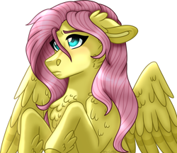 Size: 1024x885 | Tagged: safe, artist:artistcoolpony, fluttershy, pegasus, pony, bust, chest fluff, female, floppy ears, looking away, mare, portrait, simple background, solo, spread wings, stray strand, three quarter view, transparent background, wings