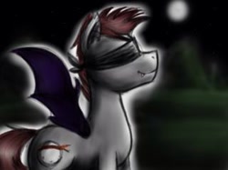 Size: 320x239 | Tagged: safe, artist:nicolethebluepony, derpibooru import, oc, oc only, oc:blood vision, bat pony, bat pony oc, blindfold, blindfolded, smiling, spread wings, wings