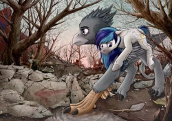 Size: 1069x747 | Tagged: safe, artist:vendigo, oc, oc:hooklined, earth pony, griffon, pony, destruction, holding a pony, its a lonely world, pond, rubble, wasteland