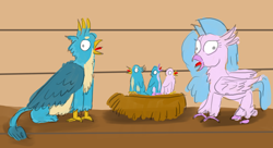 Size: 2200x1200 | Tagged: safe, artist:horsesplease, derpibooru import, gallus, silverstream, oc, oc:blinky, oc:bobby, oc:fritters, classical hippogriff, griffon, hippogriff, hybrid, behaving like a bird, behaving like a chicken, behaving like a rooster, birb, birds doing bird things, chick, chickub, clucking, crowing, derp, family, female, gallstream, gallus the rooster, griffons doing bird things, hatchling, hippogriffon, hippogriffs doing bird things, majestic as fuck, male, nest, offspring, parent:gallus, parent:silverstream, parents:gallstream, shipping, silverstream the hen, straight