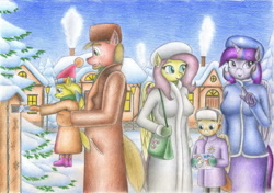 Size: 2330x1637 | Tagged: safe, artist:sinaherib, big macintosh, fluttershy, twilight sparkle, twilight sparkle (alicorn), oc, oc:snow blossom, oc:summer wind, alicorn, anthro, earth pony, pegasus, christmas, clothes, coat, colt, family, father and child, father and daughter, female, filly, fluttermac, freckles, hat, holiday, letter, mailbox, male, mittens, offspring, parent and child, parent:big macintosh, parent:fluttershy, parents:fluttermac, purse, santa hat, shipping, snow, straight, traditional art, winter outfit