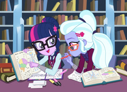 Size: 900x656 | Tagged: safe, artist:sapphiregamgee, sci-twi, sugarcoat, twilight sparkle, equestria girls, book, bookshelf, bowtie, clothes, crystal prep, crystal prep academy, crystal prep academy uniform, crystal prep shadowbolts, female, glasses, library, school uniform, studying