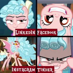 Size: 1080x1080 | Tagged: safe, artist:don2602, edit, edited screencap, screencap, cozy glow, alicorn, pegasus, pony, frenemies (episode), school raze, the ending of the end, cage, dolly parton challenge, facebook, grin, instagram, linkedin, looking at you, meme, smiling, smug face, solo, tinder, upside down