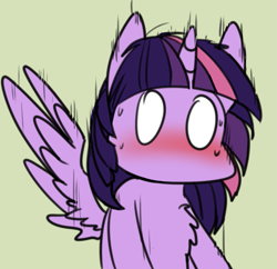 Size: 1411x1365 | Tagged: safe, artist:duop-qoub, derpibooru import, twilight sparkle, twilight sparkle (alicorn), alicorn, blushing, chest fluff, descended twilight, female, mare, shocked, solo