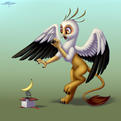 Size: 3000x3000 | Tagged: safe, artist:setharu, oc, oc:vistamage, griffon, banana, box, food, heraldric rampancy, scared, solo, spread wings, tail, wings