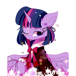 Size: 1300x1300 | Tagged: safe, artist:heddopen, derpibooru import, twilight sparkle, twilight sparkle (alicorn), alicorn, pony, bowtie, clothes, ear fluff, female, horn, mare, monocle, one eye closed, solo, suit, wings