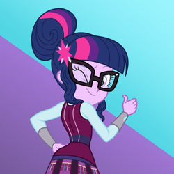 Size: 900x900 | Tagged: safe, artist:sapphiregamgee, sci-twi, twilight sparkle, equestria girls, friendship games, clothes, crystal prep, crystal prep academy, crystal prep academy uniform, female, glasses, one eye closed, school uniform, solo, wink, winking at you