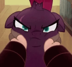 Size: 310x288 | Tagged: safe, screencap, tempest shadow, verko, my little pony: the movie, animated, broken horn, cheekpest shadow, cropped, eye scar, gif, horn, scar, squishy cheeks, this will end in pain