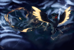 Size: 3000x2000 | Tagged: safe, artist:nsilverdraws, oc, oc only, oc:eldin heilagur, demon, demon pony, original species, pegasus, pony, cloud, glow, rain, solo