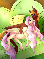 Size: 1200x1600 | Tagged: safe, artist:shimmer-fox, fluttershy, oc, oc:soul harmony, pegasus, pony, canon x oc, dock, female, looking at belly, male, mare, preggoshy, pregnant, shipping, sofa, soulshy, stallion, straight, unshorn fetlocks