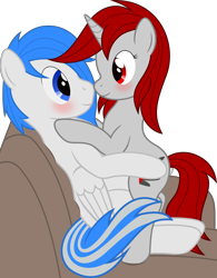 Size: 4676x5993 | Tagged: safe, artist:waveywaves, derpibooru import, oc, oc only, pony, unicorn, absurd resolution, blushing, female, looking at each other, male, mare, shipping, simple background, size difference, sofa, straight, transparent background