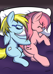 Size: 2000x2800 | Tagged: safe, artist:jhussethy, oc, oc only, oc:cloud cuddler, oc:sweet haze, pony, bed, intersex, male, pillow, sleeping, snuggling