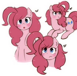 Size: 1500x1472 | Tagged: safe, artist:umeguru, pinkie pie, earth pony, pony, alternate hairstyle, eye clipping through hair, female, irritated, long hair, mare, simple background, solo, white background