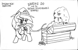 Size: 1280x819 | Tagged: safe, artist:ewoudcponies, daring do, mimic, pegasus, pony, ink drawing, inktober, inktober 2019, monochrome, mouth hold, traditional art, treasure chest, whip