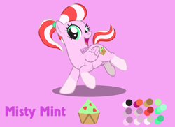 Size: 1100x800 | Tagged: safe, artist:lightning stripe, derpibooru exclusive, derpibooru import, oc, oc only, oc:misty mint, pegasus, pony, cutie mark, female, freckles, green eyes, mare, open mouth, pink, pink background, ponytail, reference sheet, show accurate, simple background, socks (coat marking), solo, striped mane, wings