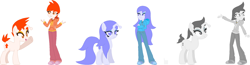 Size: 2103x545 | Tagged: safe, artist:legacy-galaxy, oc, oc only, oc:apathia, oc:discentia, oc:karma, alien, pony, unicorn, equestria girls, alternate design, alternate hairstyle, base used, clothes, cutie mark, fangs, female, hoodie, mare, ponified, reddit, redesign