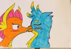 Size: 503x351 | Tagged: safe, gallus, smolder, dragon, griffon, blushing, cute, dragoness, female, gallabetes, interspecies, kissing, male, shipping, smolderbetes, smollus, straight, traditional art