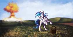 Size: 700x360 | Tagged: safe, artist:hagallaz, oc, oc only, oc:hooklined, earth pony, basket, blue sky, flower, flower picking, nuclear explosion, scenery, solo, surprised, this will not end well