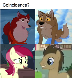 Size: 606x651 | Tagged: safe, screencap, doctor whooves, roseluck, dog, pony, wolf, amblimation, apple, balto, coincidence, fanfic fuel, female, flower, food, husky, jenna, male, meme, screencap from another series, snow, wolfdog