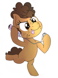 Size: 1200x1600 | Tagged: safe, artist:toyminator900, oc, oc only, oc:binky, hybrid, zony, bipedal, female, filly, freckles, nunchuck, simple background, solo, stripes, tongue out, transparent background, wii, wiimote, younger