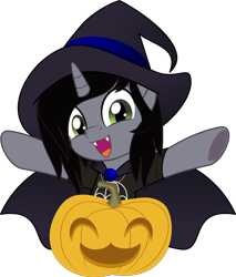 Size: 5000x5865 | Tagged: safe, artist:jhayarr23, pony, unicorn, bust, cape, clothes, commission, disguise, disguised siren, fangs, hair over one eye, halloween, happy, hat, holiday, horn, jack-o-lantern, jewelry, kellin quinn, looking at you, male, movie accurate, necklace, open mouth, ponified, pumpkin, shirt, simple background, sleeping with sirens, slit eyes, solo, stallion, t-shirt, transparent background, underhoof, vector, witch hat, ych result