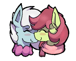 Size: 316x252 | Tagged: safe, artist:rellopone, derpibooru import, oc, oc only, oc:bubble dream, oc:prancy drew, earth pony, pegasus, pony, blue coat, blush sticker, blushing, bust, clothes, couple, eyes closed, female, green coat, icon, mare, messy mane, nuzzling, red mane, scarf, simple background, simple shading, smiling, sweater, transparent background, white mane