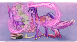 Size: 1759x965 | Tagged: safe, artist:cigarscigarettes, derpibooru import, twilight sparkle, twilight sparkle (alicorn), alicorn, pony, book, cloven hooves, female, large wings, magic, mare, scroll, simple background, solo, unshorn fetlocks, wings