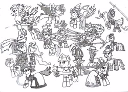 Size: 3232x2336 | Tagged: safe, artist:lunie/elonrie, oc, oc:balto, oc:daring, oc:dashie dragneel, oc:deathly dash, oc:electro, oc:flutterwave, oc:insanity wulf, oc:little lynx, oc:miles the swordpony, oc:molten fuse, oc:muffin the kitty, oc:princess elonrie, oc:riana, oc:stormy, oc:valtiel, oc:xeno the fluff, oc:yukiko, pony, clothes, costume, traditional art, weapon